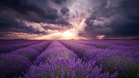 A field of lavender under a dramatic sky, with sunlight breaking through dark cloudsの素材