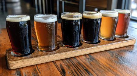 A flight of craft beers in different colors and flavors, served on a wooden tasting boardの素材