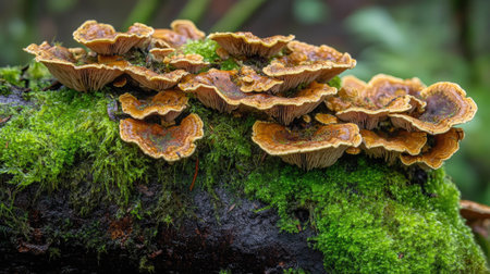 Close-up of earthy brown mushrooms growing on a mossy log in a damp forestの素材