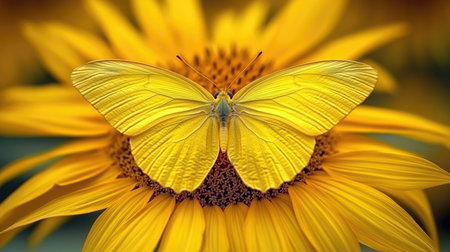 Bright yellow butterfly resting on a sunflower, with the intricate details of the wings visibleの素材