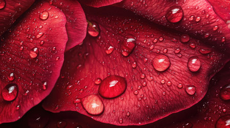Water drops on a vibrant red rose petal, highlighting the delicate textureの素材