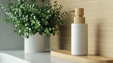 A shampoo bottle with a wooden cap, placed beside a small plant on a modern sinkの素材