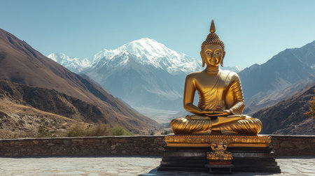 Golden Buddha statue in a remote Himalayan monastery, snow-capped mountains in the background, clear sky, sereneの素材