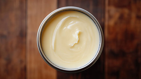 A top view of a can of sweetened condensed milk, thick and creamy, with a glossy surfaceの素材