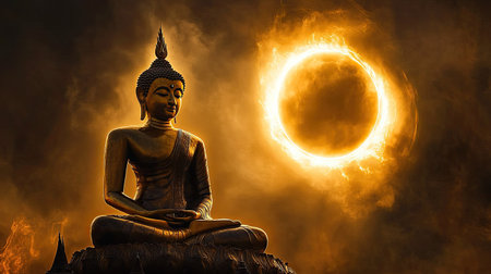Golden Buddha statue during a solar eclipse, dramatic lighting, spiritual and rare phenomenonの素材