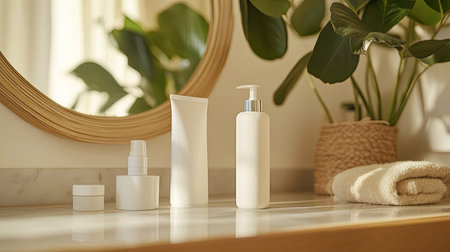A minimalist skincare routine with cleanser, toner, and moisturizer placed neatly on a vanityの素材