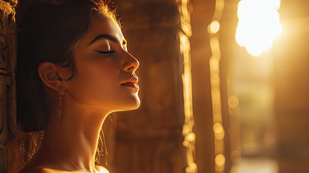 Beautiful-skinned woman in an ancient temple, soft light highlighting her glowing skin, serene and spiritualの素材