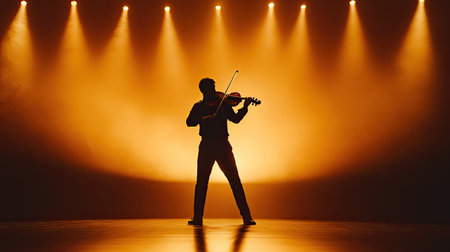 Silhouette of a violinist on a classical concert stage, soft lighting highlighting the elegance of the performanceの素材