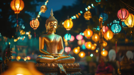 Golden Buddha statue during a traditional festival, surrounded by colorful lanterns, night scene, festive atmosphereの素材