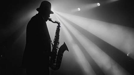 Silhouette of a saxophonist in the spotlight, with stage lights casting long shadows, evoking a sense of nostalgiaの素材