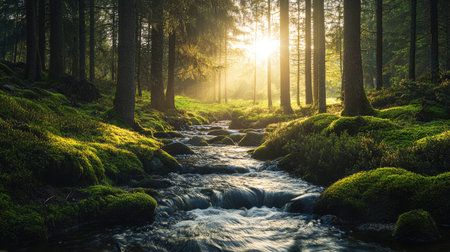 A peaceful stream flowing through a moss-covered forest with sunlight filtering through the treesの素材