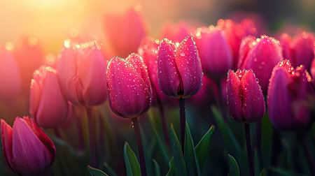 A row of blooming flowers with visible nectar droplets in the early morningの素材