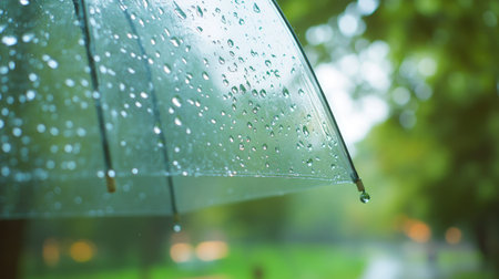 Rain drops on a clear umbrella, with a blurred park in the backgroundの素材