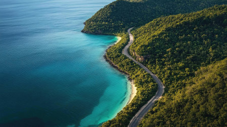 Aerial shot of a winding coastline bordered by lush green forests and deep blue ocean watersの素材