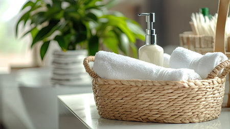 A shampoo bottle nestled in a basket of fresh towels, with a spa-like bathroom settingの素材