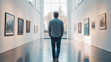 Man in high-end tailored jeans, walking through a minimalist art gallery, clean and modernの素材
