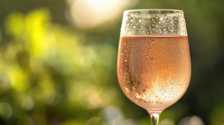 A frosty glass of ros wine with condensation droplets, served outdoors at a summer picnicの素材