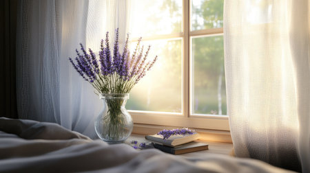 A cozy bedroom with a lavender bouquet in a vase on the windowsill, light filtering through sheer curtainsの素材