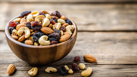 A bowl of mixed nuts and dried fruits on a wooden table, ready for a healthy snackの素材