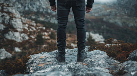 Man in dark jeans and boots, standing on a rocky terrain, outdoor adventure, strong silhouetteの素材