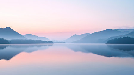 A tranquil dawn sky with subtle hues of pink and blue as the sun rises over a calm lake.の素材