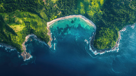 Aerial shot of a winding coastline bordered by lush green forests and deep blue ocean watersの素材