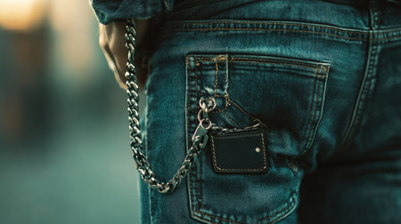 Close-up of jeans with a wallet chain, urban street style, detailed texture, soft lightingの素材