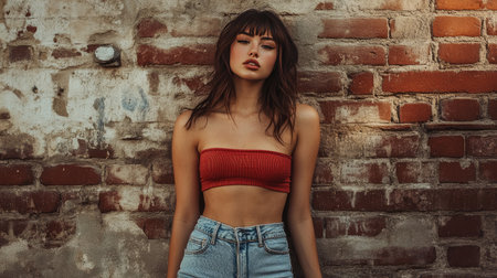 Woman in high-waisted jeans, cropped top, posing against a brick wall, urban style, soft focusの素材