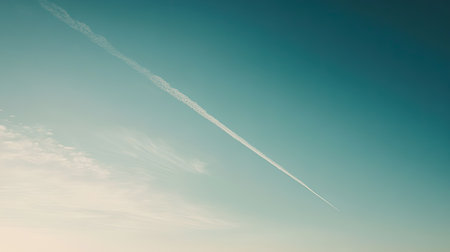 A clear sky with a single airplane contrail stretching across the horizon, signifying travel and adventure.の素材