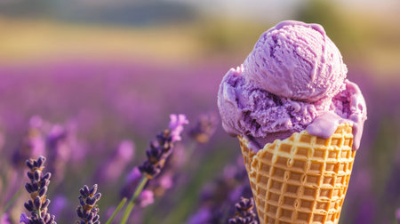 Close-up of lavender ice cream in a waffle cone, with lavender fields blurred in the backgroundの素材
