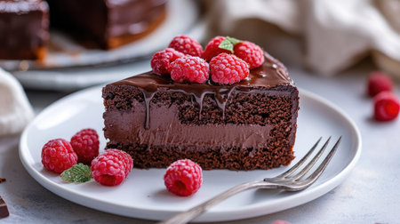 A chocolate cake slice on a white plate, topped with fresh raspberries and a drizzle of chocolate ganache, with a fork beside itの素材