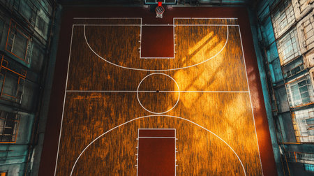 Top view of an empty indoor stadium with a basketball court, bright wooden flooring, and clear markingsの素材