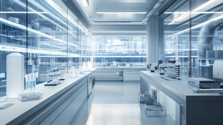 View of a modern engineering lab with high-tech equipment and instruments, ready for research and developmentの素材