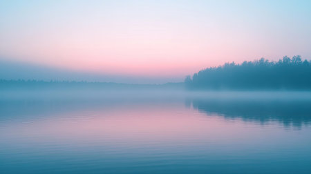 A tranquil dawn sky with subtle hues of pink and blue as the sun rises over a calm lake.の素材
