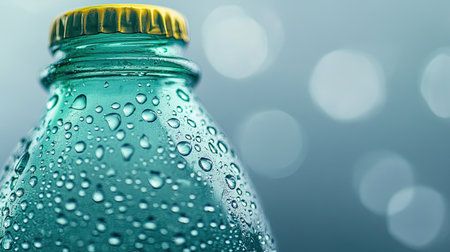 A close-up of water drops on a glass bottle, highlighting the cool and refreshing nature of the sceneの素材