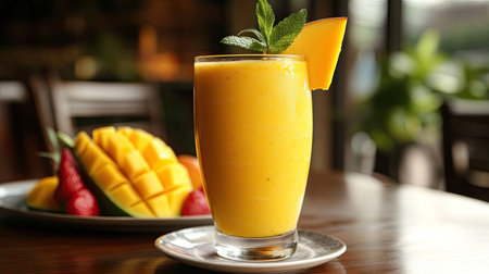 A glass of fresh mango smoothie, garnished with a slice of mango and a sprig of mint, served with a plate of tropical fruitsの素材