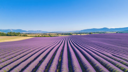 Aerial view of vast lavender fields creating a purple mosaic, with a clear blue sky aboveの素材