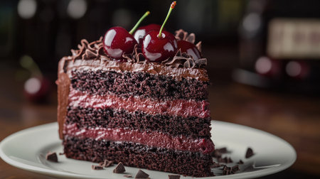 Luxurious slice of black forest cake with cherries and chocolate shavings, close-up, rich and indulgentの素材