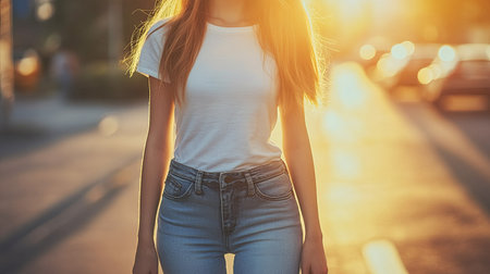 Young woman in skinny jeans and a white t-shirt, city street, fashionable and casual, warm sunlightの素材