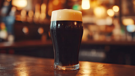 A close-up of a pint glass filled with dark, rich stout, with a creamy head and a pub backgroundの素材
