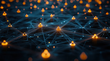 A network of glowing, interconnected AI nodes in a dark, digital voidの素材