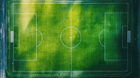 Top view of an empty football stadium with a green field and clear white lines, ready for a matchの素材