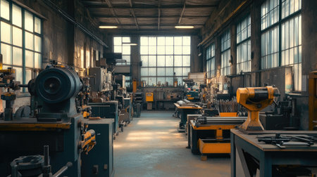 View of a mechanical workshop with lathes, milling machines, and precision tools, ready for engineering workの素材