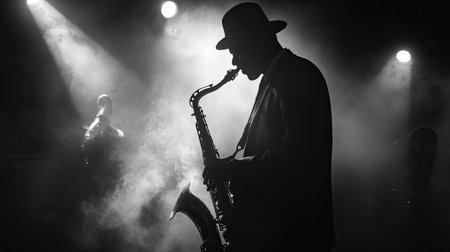 Silhouette of a saxophonist in a jazz band, stage lights creating a moody ambiance with smoke swirling aroundの素材