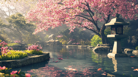 A serene Japanese garden in springtime, featuring a stone lantern, a koi pond, and pink cherry blossoms overheadの素材