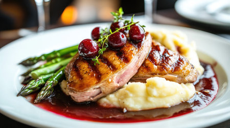 A delicious plate of roasted duck breast with a cherry sauce, served with a side of mashed potatoes and asparagusの素材