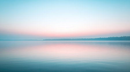A tranquil dawn sky with subtle hues of pink and blue as the sun rises over a calm lake.の素材