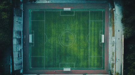 Top view of an empty football stadium with a green field and clear white lines, ready for a matchの素材