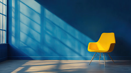 A single, bright yellow chair against a deep blue wall in an otherwise empty roomの素材