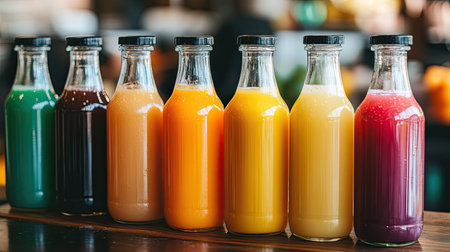 A variety of freshly squeezed juices in vibrant colors, served in glass bottlesの素材